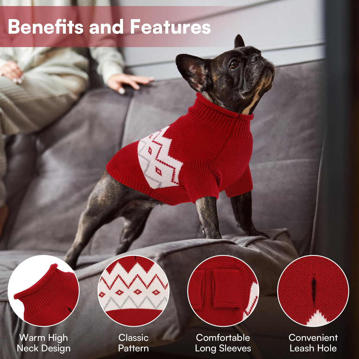 Queenmore Warm Dog Sweater, Soft Pet Knitwear, Knitted Pullover, Winter Pet Clothes for Small Medium Dogs Cats Red