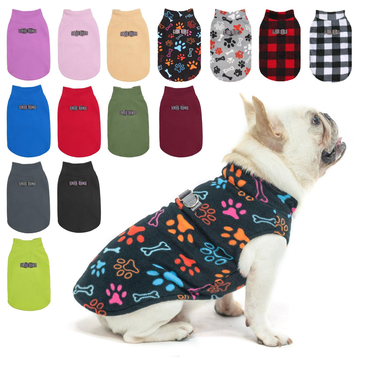 BEAUTYZOO Small Dog Sweater Fleece Vest Winter Jacket, D-Ring Leash Attachment for XS S Puppy Medium Sized Breeds Dogs, Cold Weather Dog Clothes Windproof Keep Warm, Black Bones Paw L