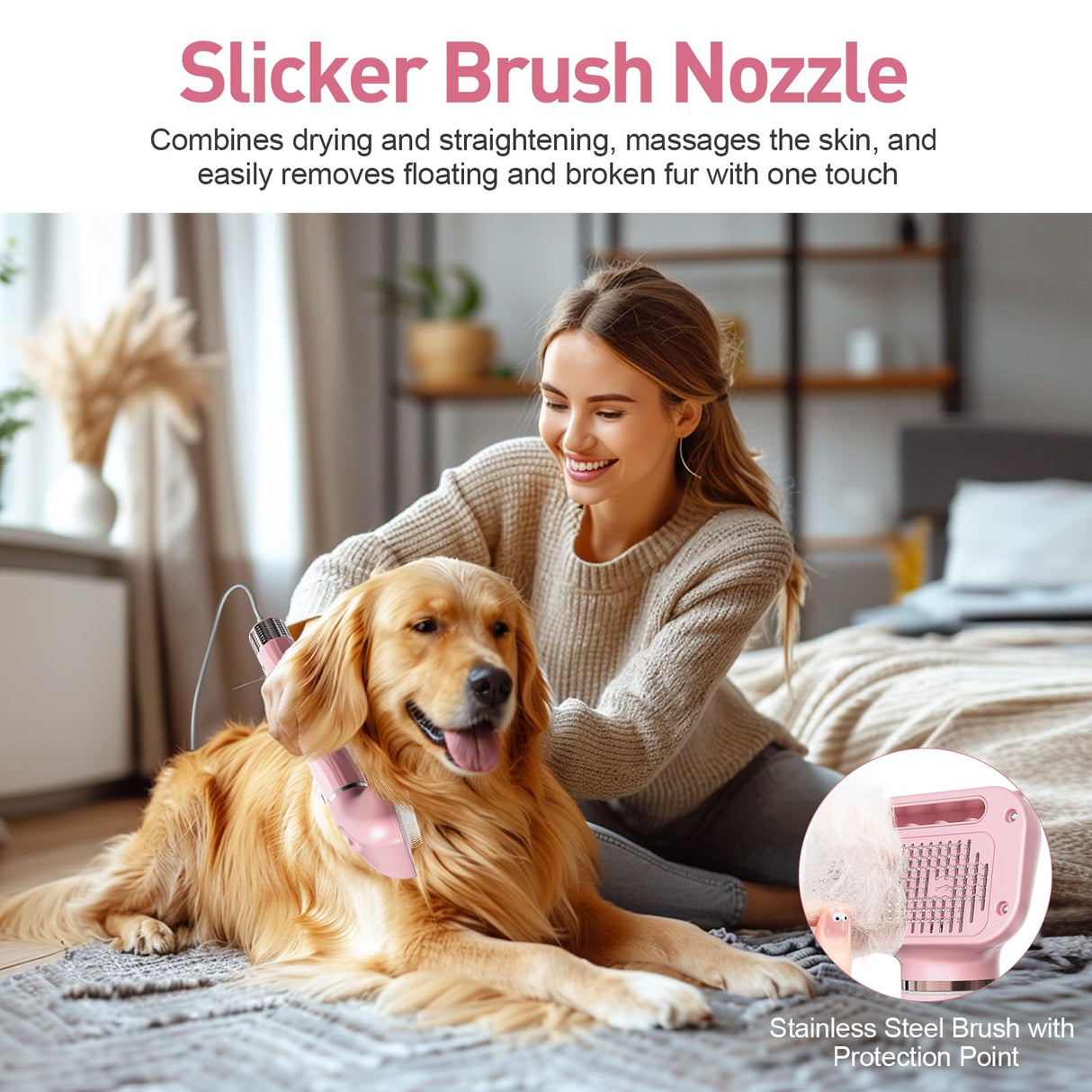 Discala Dog Dryer, Dog Grooming Blow Dryer Kit with Slicker Brush for Pet, High Velocity Blow Dryer for Dogs with Adjustable Speed and Temperature for Pet Grooming Supplies and Home Use, Pink