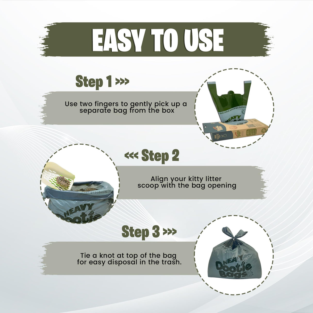 HEAVY Dootie Bags with EZ Tie Handles. Clean and Convenient for Pet Dog Poop, Cat Litter. Multi-Use. Great for Swivel Bin and Gogo Stik Scoopers. Made with Cornstarch. Strong, Leakproof and Very Large