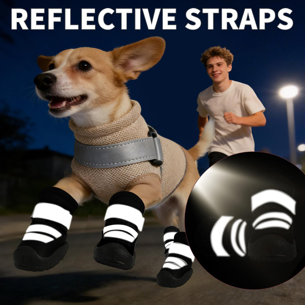 Furrtripsy Dog Boots, Waterproof Dog Shoes with Reflective Straps, Rugged Anti-Slip Sole Paw Protectors for Medium Large Dogs, Breathable Pet Booties for Hot Pavement, Snow, Hiking, 4Pcs