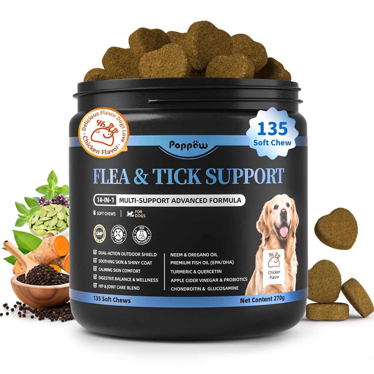 POPPAW Dog Flea and Tick Treatment Chewable, 5-in-1 Natural Flea and Tick Prevention Chews, Dog Oral Flea and Tick Support Supplement, for All Breeds and Ages, Chicken Flavor, 135 Count