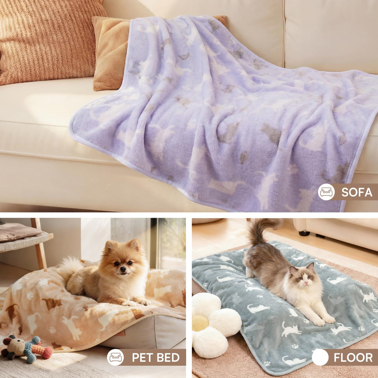 Luciphia 1 Pack 3 Blankets, Cute Cat Printed Fluffy Fleece Pet Blanket for Dogs Cats Washable, Warm Soft Throw Cover for Crate Couch, Gifts Puppy Essentials, Purple/Grey/Khaki, Medium (30x20 inch)