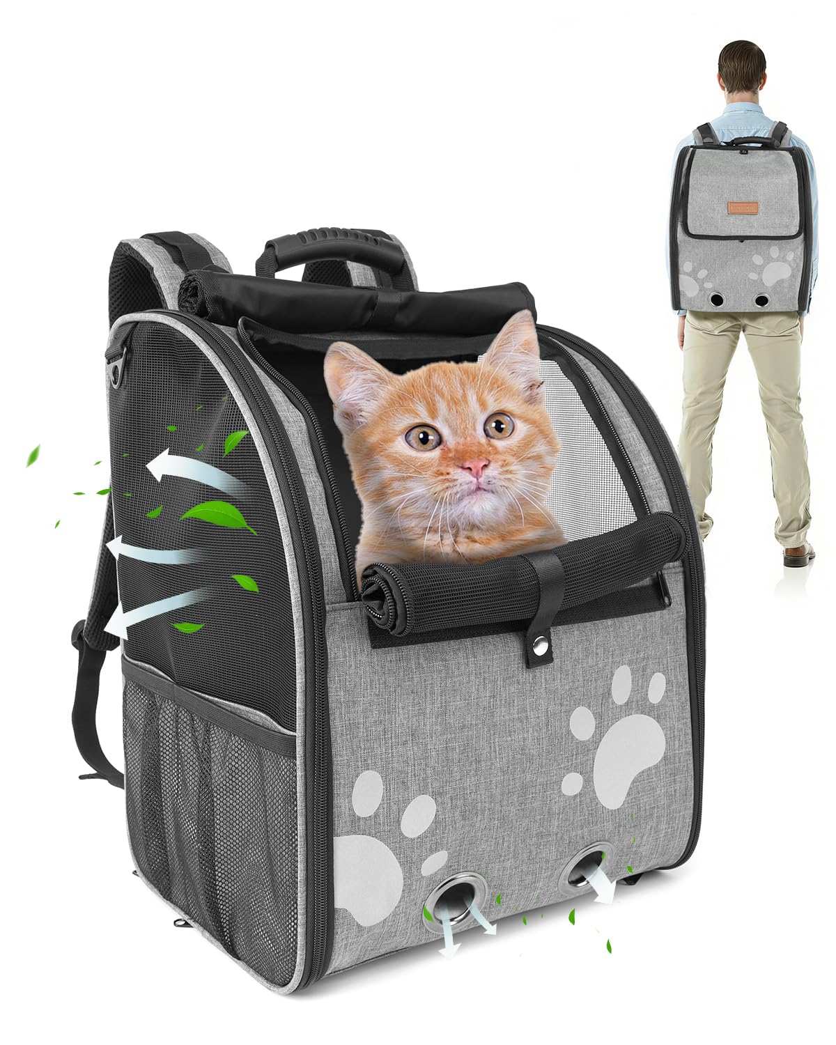 MOYSOON Cat Carrier Backpacks for Kitty Small Dog up to 15 lbs, Lightweight and Foldable Dog Backpack Carrier with Breathable mesh for Travel, Walking, Hiking, Camping and Vet (Grey)