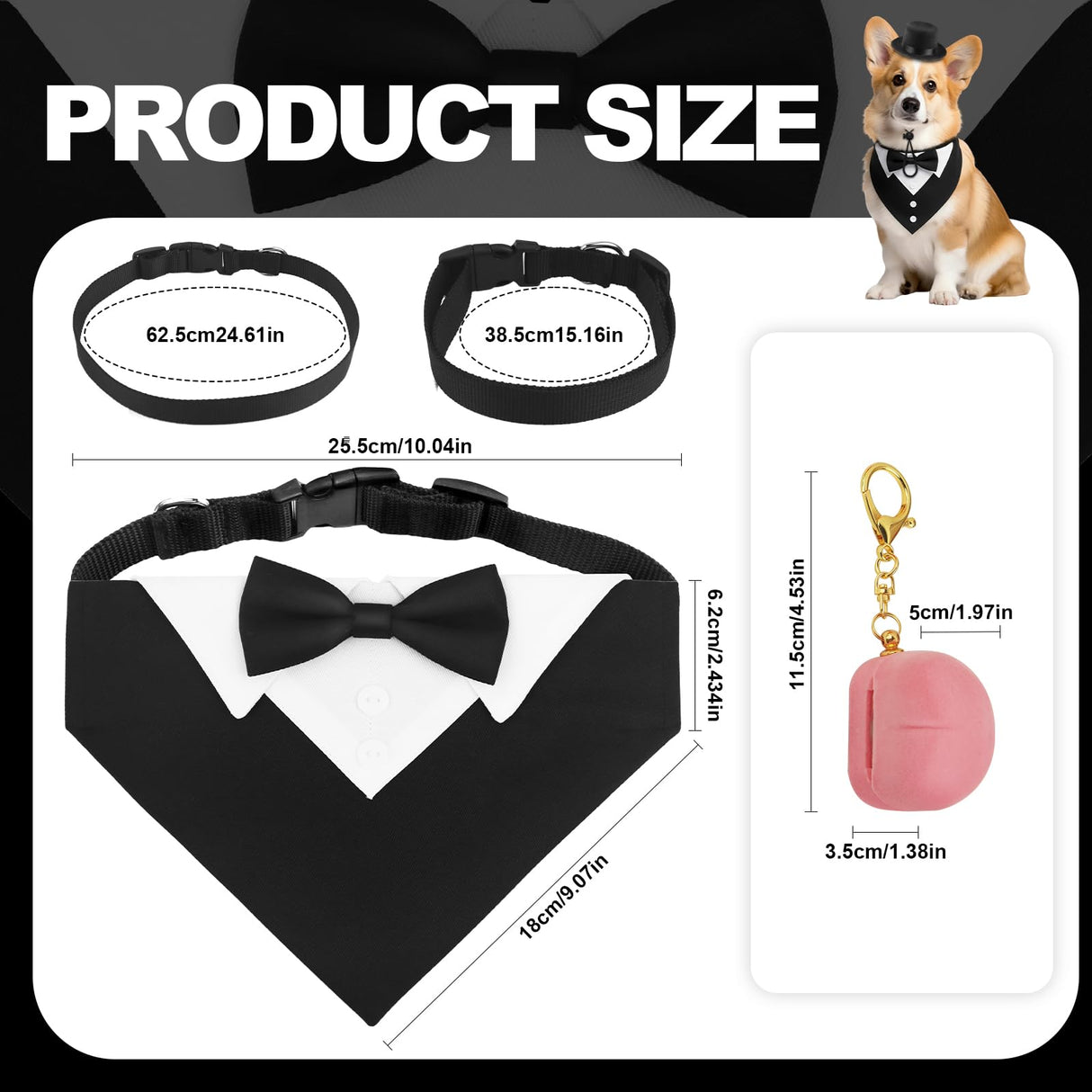 FunMular 3Pcs Formal Dog Tuxedo Accessories Set Adjustable Wedding Collar Bandana with Bow Tie Pet Top Hat for Large X-Large Dogs New Years Wedding Birthday Party