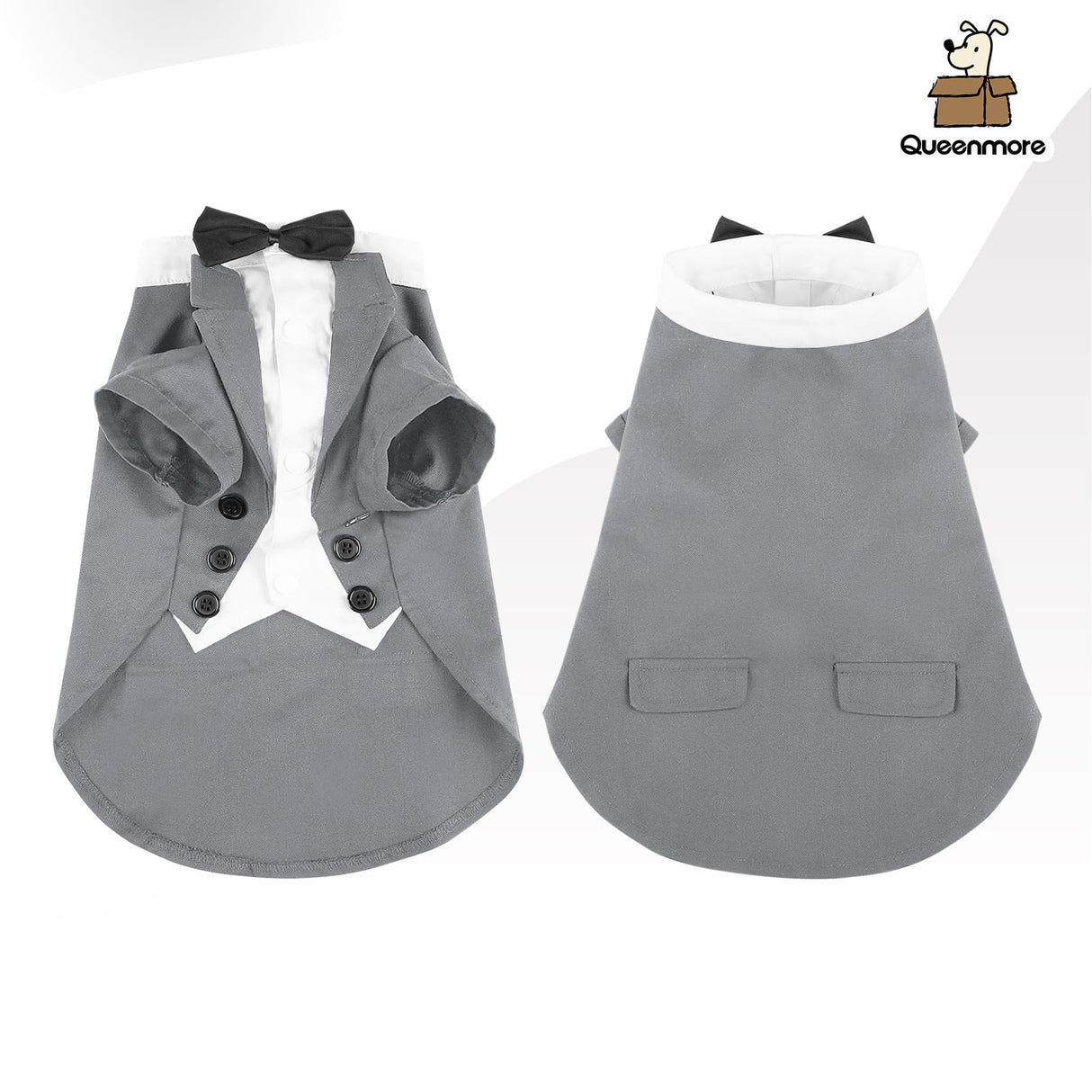 Queenmore Dog Tuxedo, Formal Outfit for Wedding & Halloween - Pet Tuxedo with Tie for Large, Medium & Small Dogs, Puppy & Cats (Grey, S)