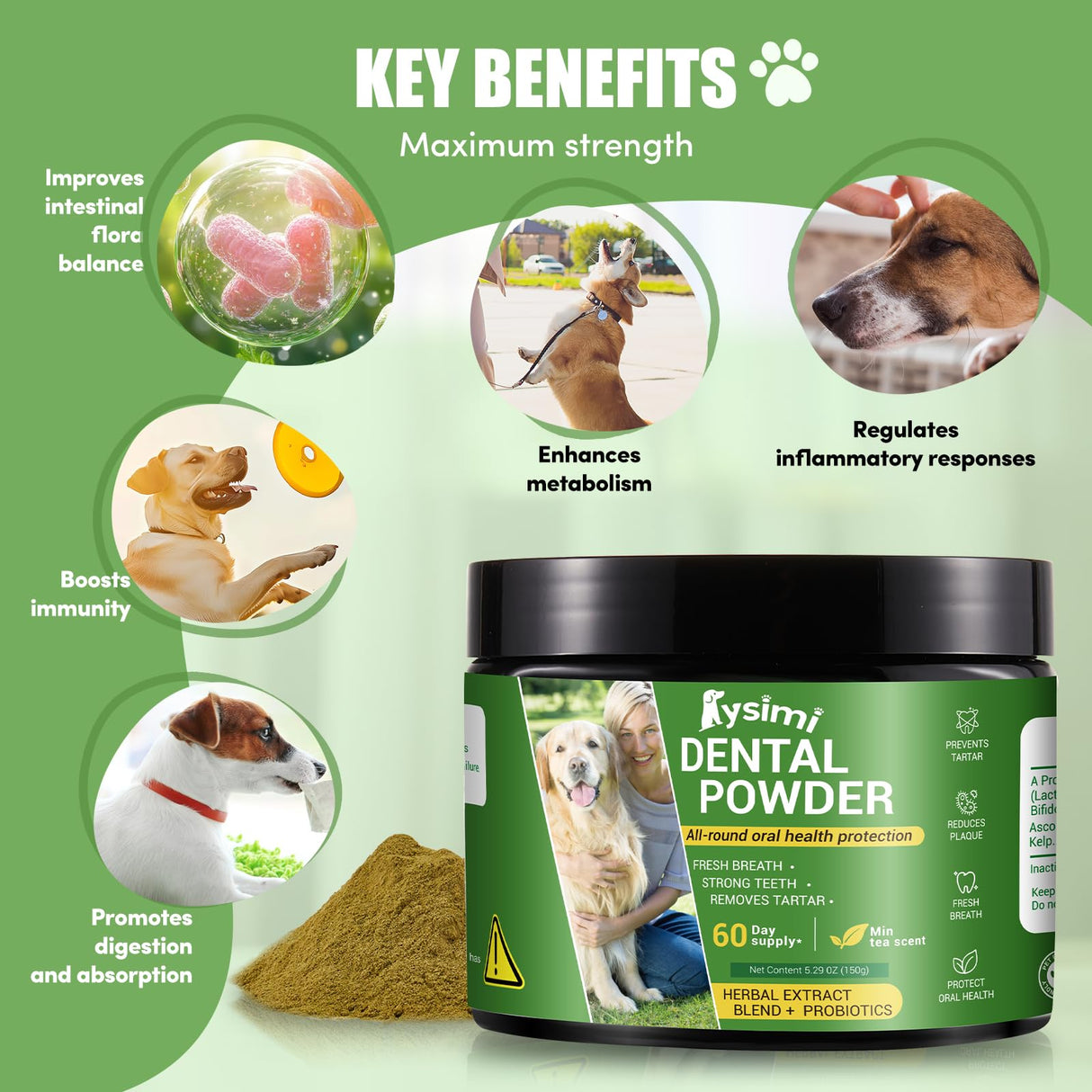 Dog Dental Powder, Dog Teeth Cleaning Powder, Dog Tartar and Remover with Probiotics and Natural Herbal Blend of All Breeds and Ages Mint -150 Grams