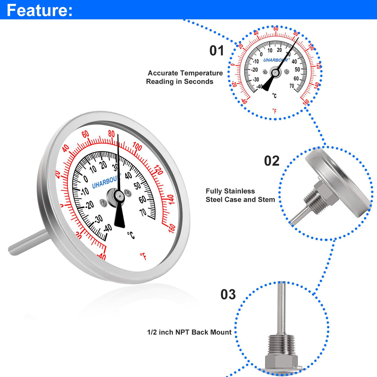 UHARBOUR Water Temperature Gauge, 3" Dial Fully StainlessSteel Water Temp Gauge, Water Thermometer with 4" Stainless Steel Stem, -40 to 160°F, 1/2" NPT Back Mount