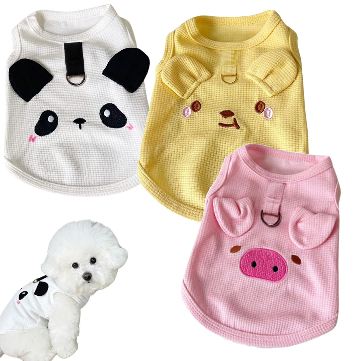 PayaSnug 3PCS Dog Shirt Set with D-Ring – Soft Breathable Dog Clothes for Small, Medium & Large Dogs, Pink Pig, Yellow Bear and Panda Pattern Puppy Shirt, Sleeveless Pet Tank Top