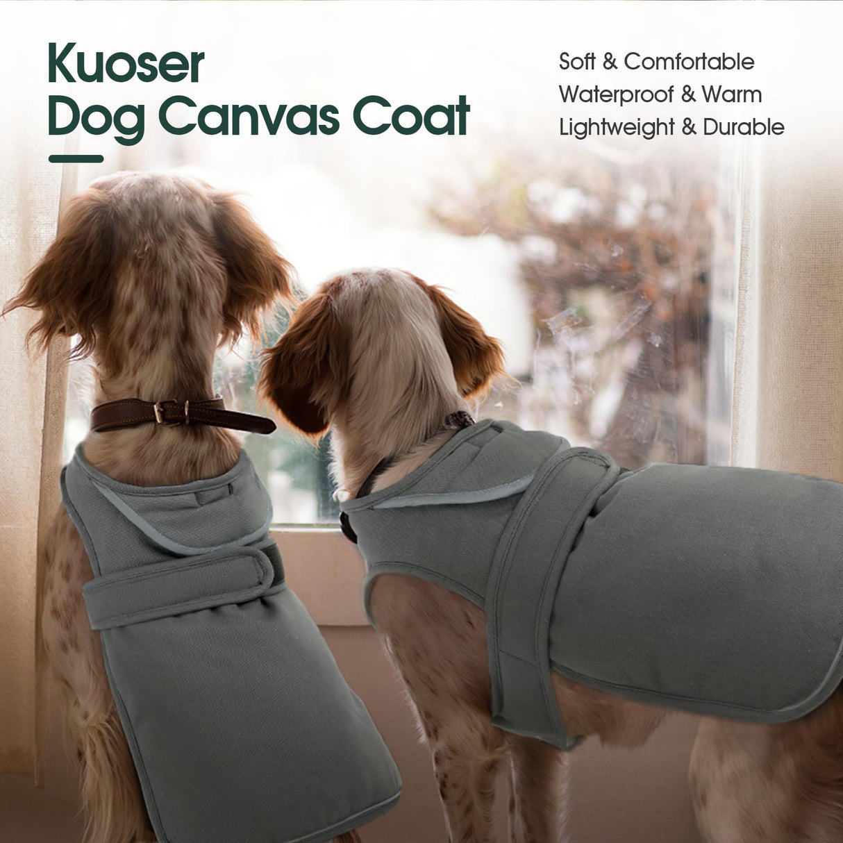 Kuoser Canvas Dog Coat, Warm Dog Jacket Reflective Fleece Pet Cold Weather Coat, Warm Doggie Clothes Waterproof Winter Vest with Zipper Leash Hole for Small Medium Large Dogs, Grey 3XL