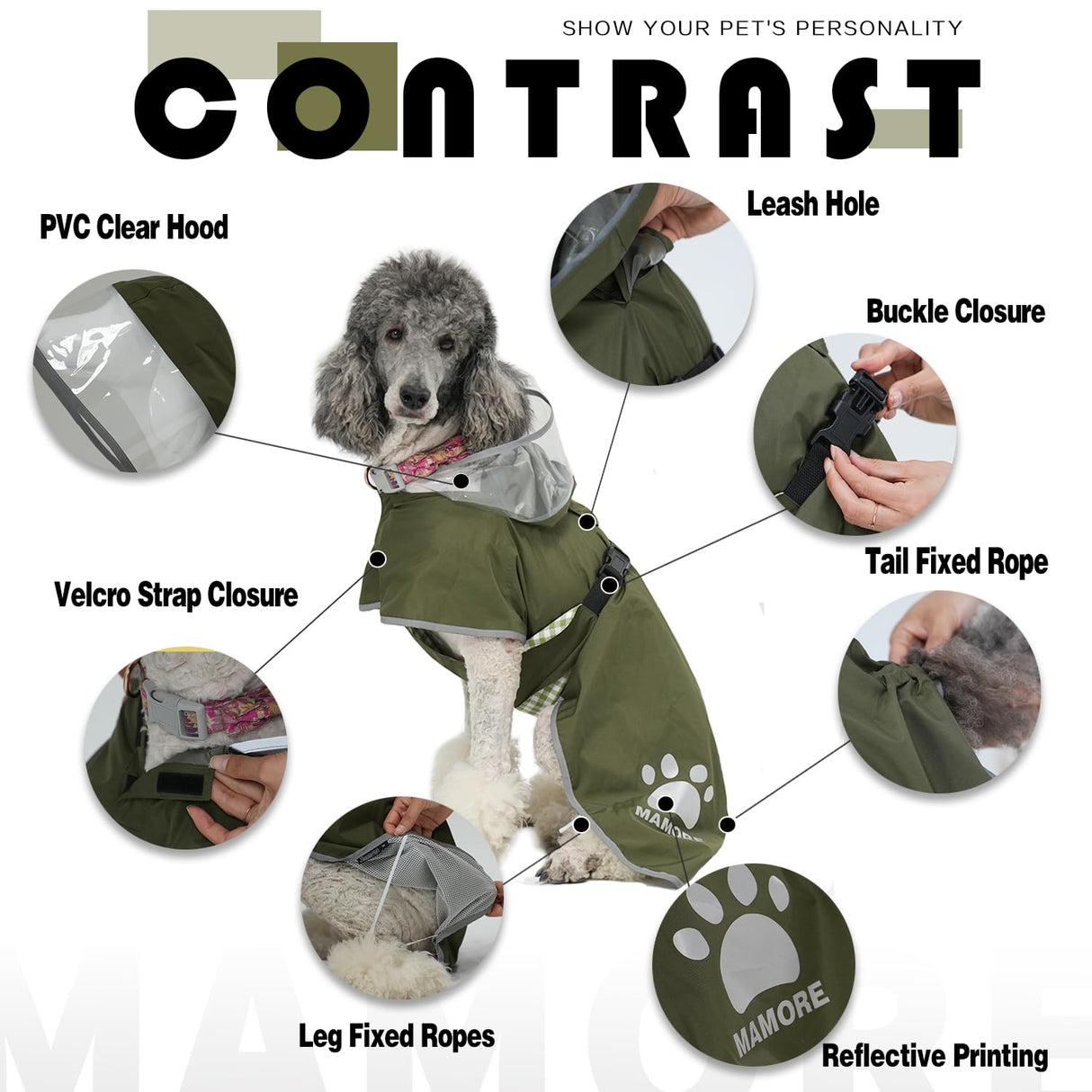MAMORE Dog Raincoat Hooded Rain Jacket for Small Medium Large Dogs Slicker Poncho Bottom Waterproof Adjustable Reflective Breathable Leash Hole (Army Green, Large)