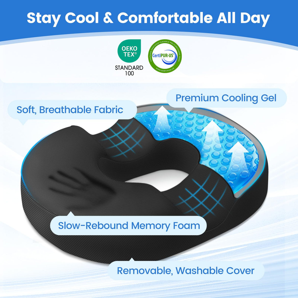 DailyCuddles Donut Pillow for Tailbone Pain, Hemorrhoids - Cooling Gel Memory Foam Chair Seat Cushion for Office, Home & Wheelchair, Ergonomic Chair Pad for Pregnancy, Sciatica, Coccyx (Large, Black)