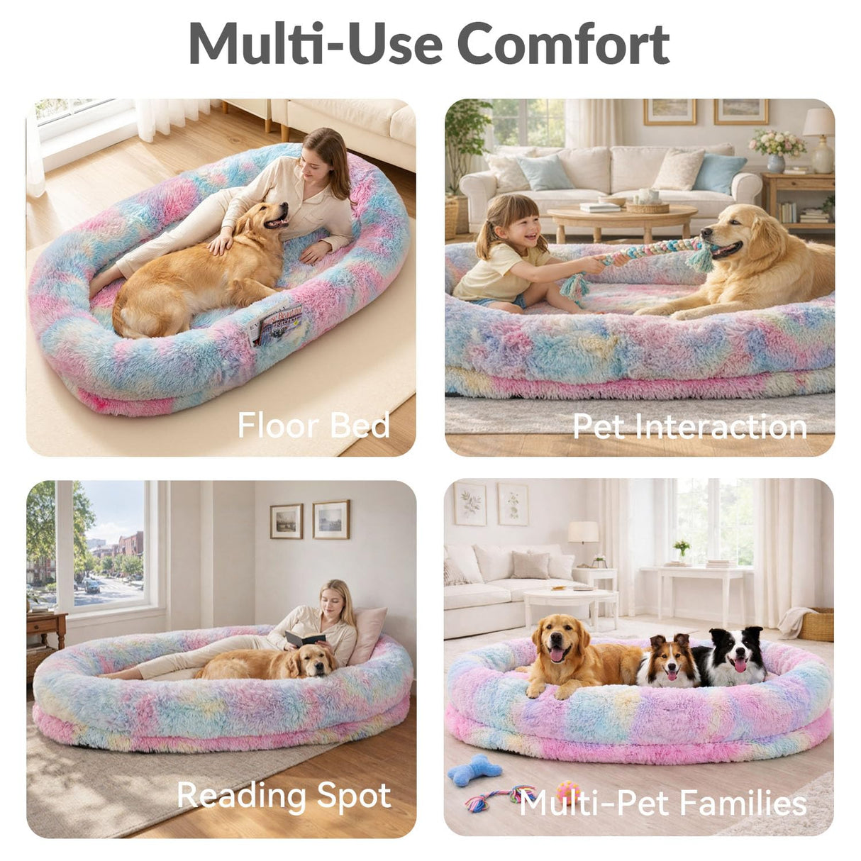 Human Dog Bed 71''Foldable for Adult Kids Faux Fur Washable Removable Giant Pet Bed with Present Blanket, Rainbow