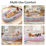 Human Dog Bed 71''Foldable for Adult Kids Faux Fur Washable Removable Giant Pet Bed with Present Blanket, Rainbow