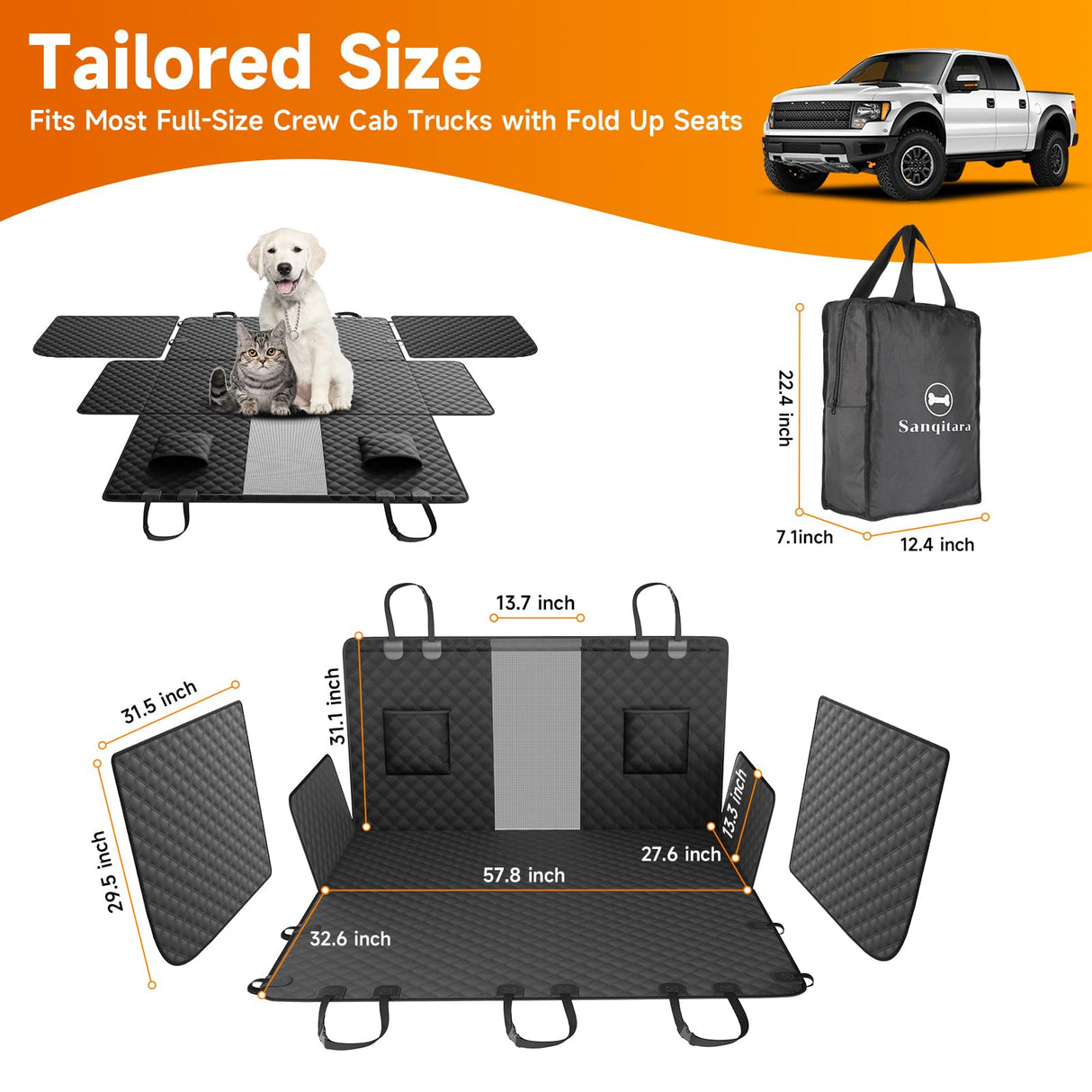 Sanqitara XL Dog Truck Seat Cover with Car Door Protector, for Trucks with Flip Up Rear Seats, Waterproof Full Coverage Dog Seat Cover for Full Size Crew Cab Trucks F150 F250