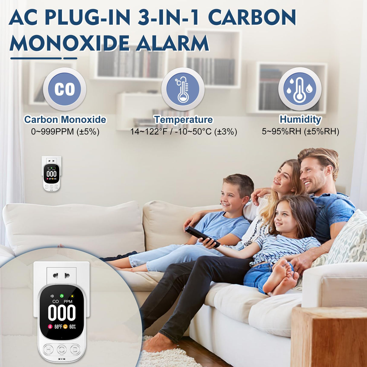 Lunarlipes Carbon Monoxide Detector Plug in Wall, 3-in-1 CO Level Monitor Alarm with Temp/Humidity Sensor, Portable Carbon Monoxide Detectors Easy to Read & Install, for Home/Hotel/RV (White-2Pack)