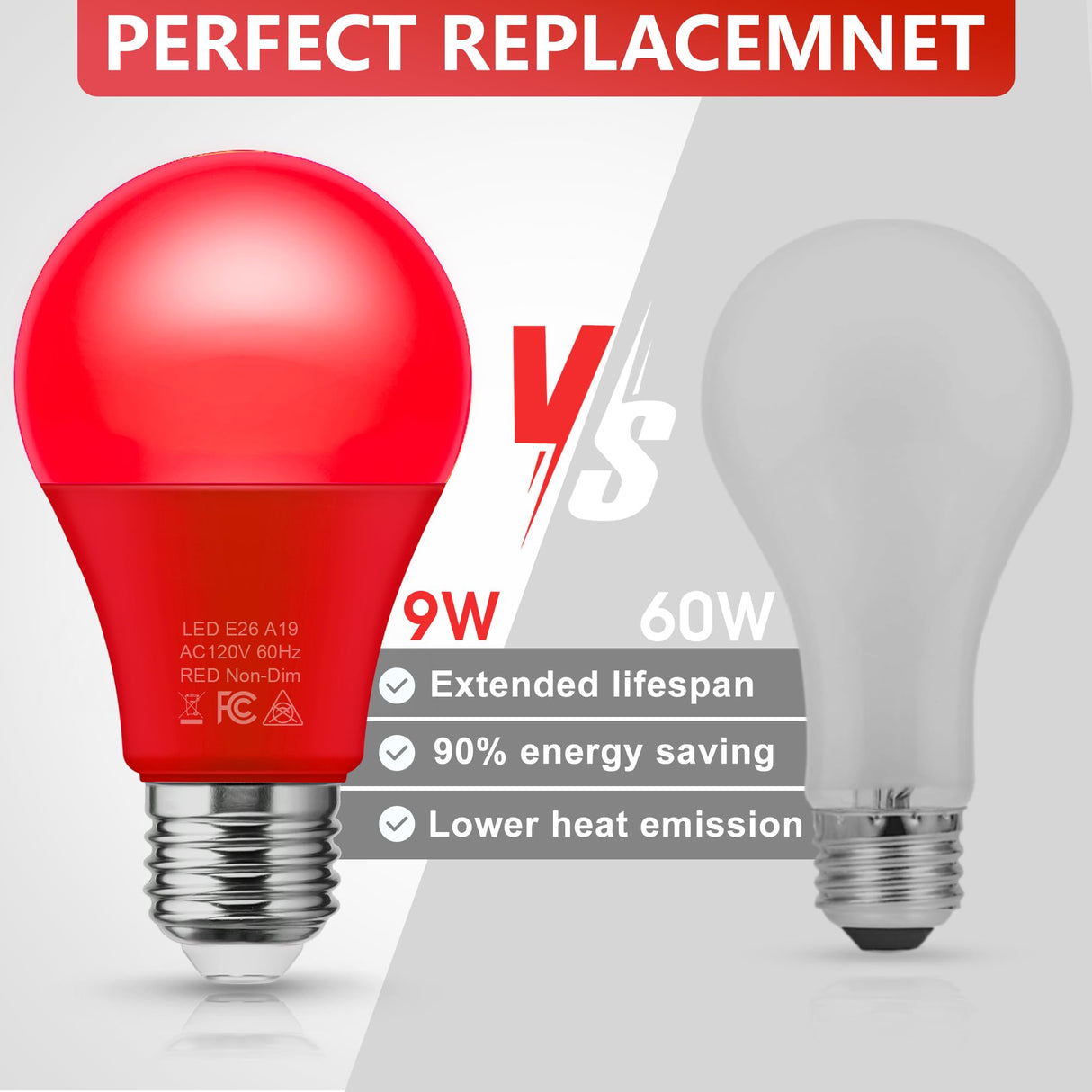 Red Light Bulbs [2 Pack] A19 LED Red Light Bulbs Indoor/Outdoor, Christmas Light Bulbs 9W (60W Equivalent) E26 Base 720LM Porch Light Bulbs, LED Light Bulb for Halloween Christmas Light Bulbs