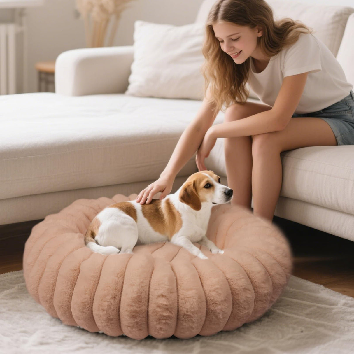 Vhen When Donut Dog and Cat Bed, Luxurious Comfortable Faux Rabbit Fur Pet Beds, Round Anti-Anxiety Calming Puppy Kitten Bed with Anti-Slip Bottom for Small Medium Dogs & Cats(28", Brown)