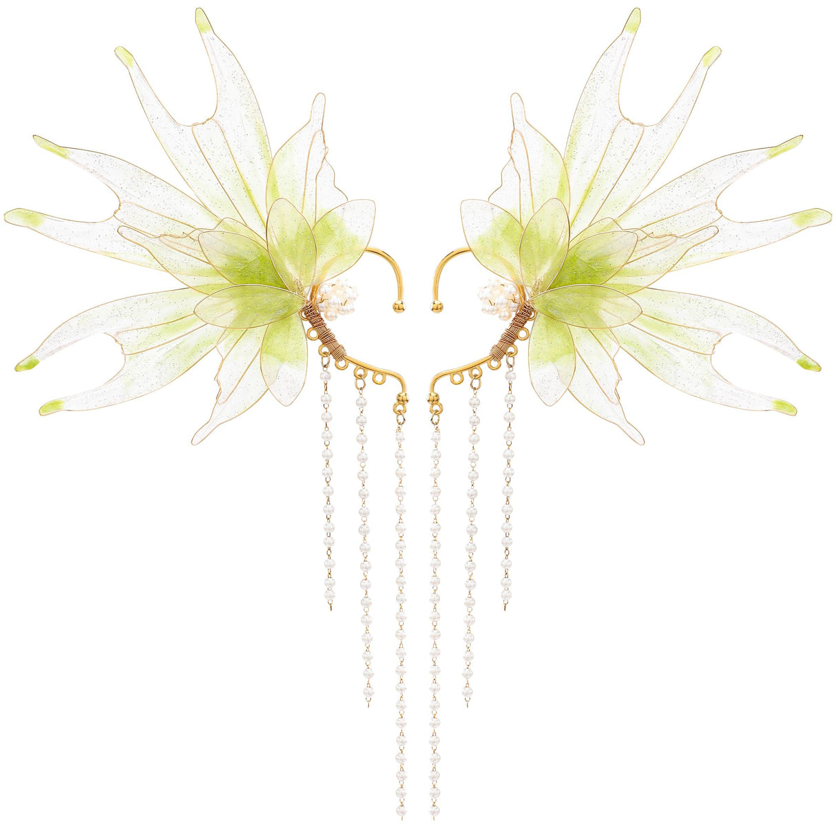 FRESHME Mermaid Elf Ear Cuffs - Fairy Ears Elven Mermaid Green Auricular Fins Earring with Tassel Non Piercing Ear Clips Dress Up Cosplay Renaissance Christmas Halloween Accessories for Women Adult