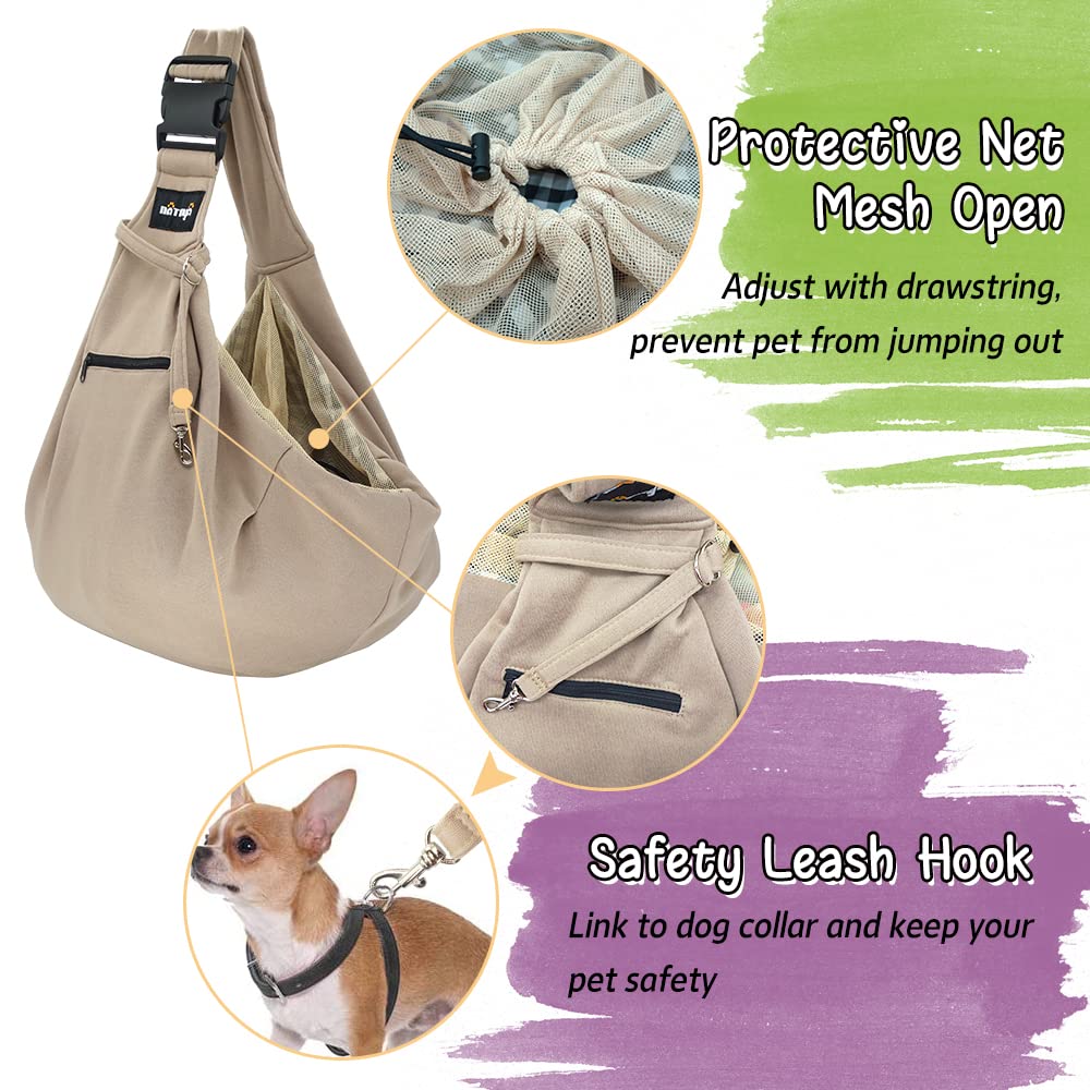 NATUYA Pet Dog Sling Carrier - Dog Sling with Net Bag for Carrier Dogs Cats-Hands Free Pet Bag-Buckle net Pocket pet Bag (Khaki)