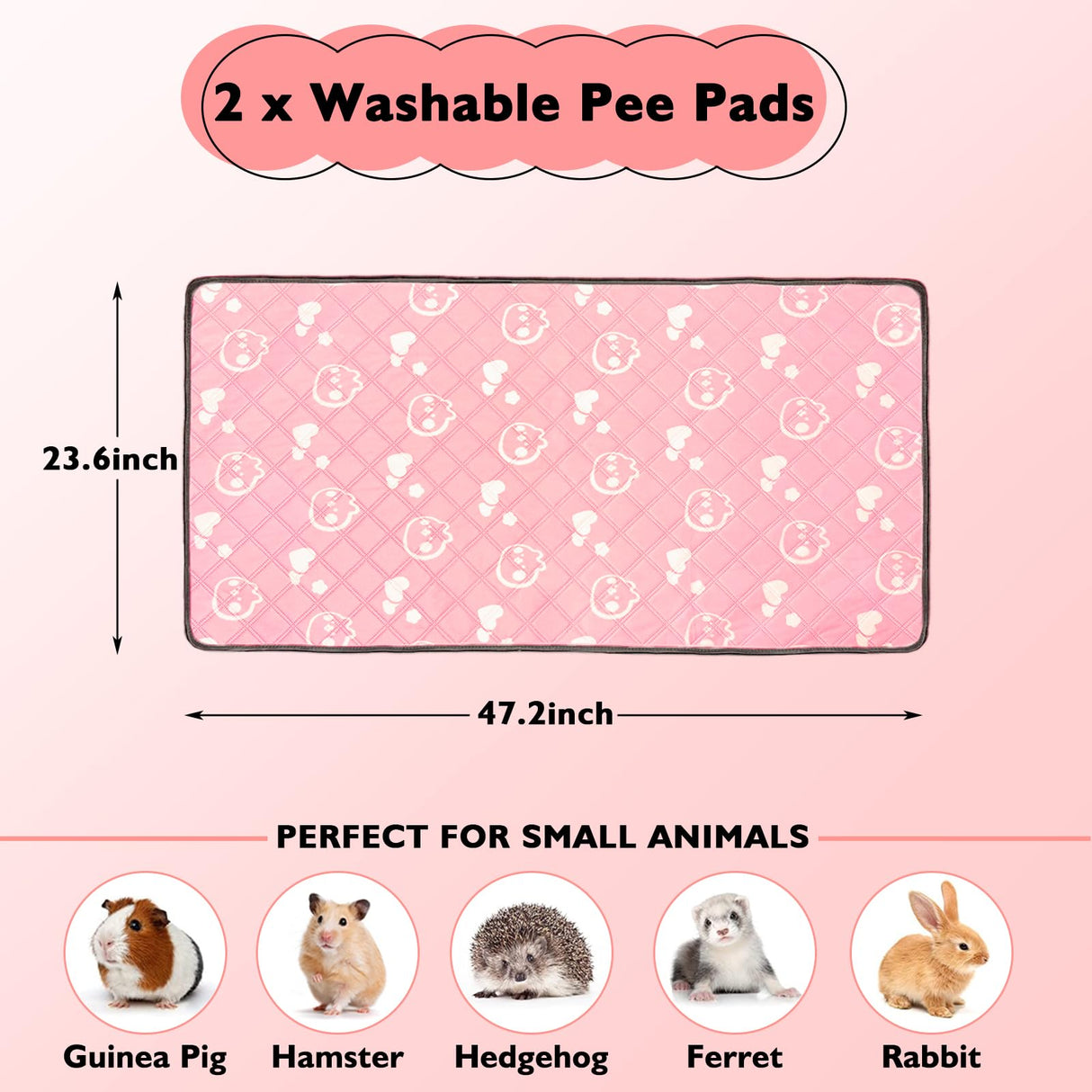 Mooydee 2 Pack Guinea Pig Bedding - Washable Guinea Pig Liner for Midwest Cage, Waterproof Reusable & Anti Slip Pee Pads Super Absorbent Mats for Small Animals Rabbit Hamster Rat (Pink, 48 x 24 Inch)