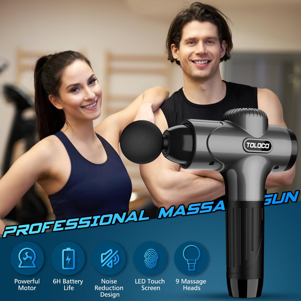 TOLOCO Massage Gun, Muscle Massage Gun Deep Tissue, Percussion Massage Gun with 9 Replacement Heads, Super Quiet Portable Electric Massager for Athletes, Treatment, Relax, Grey