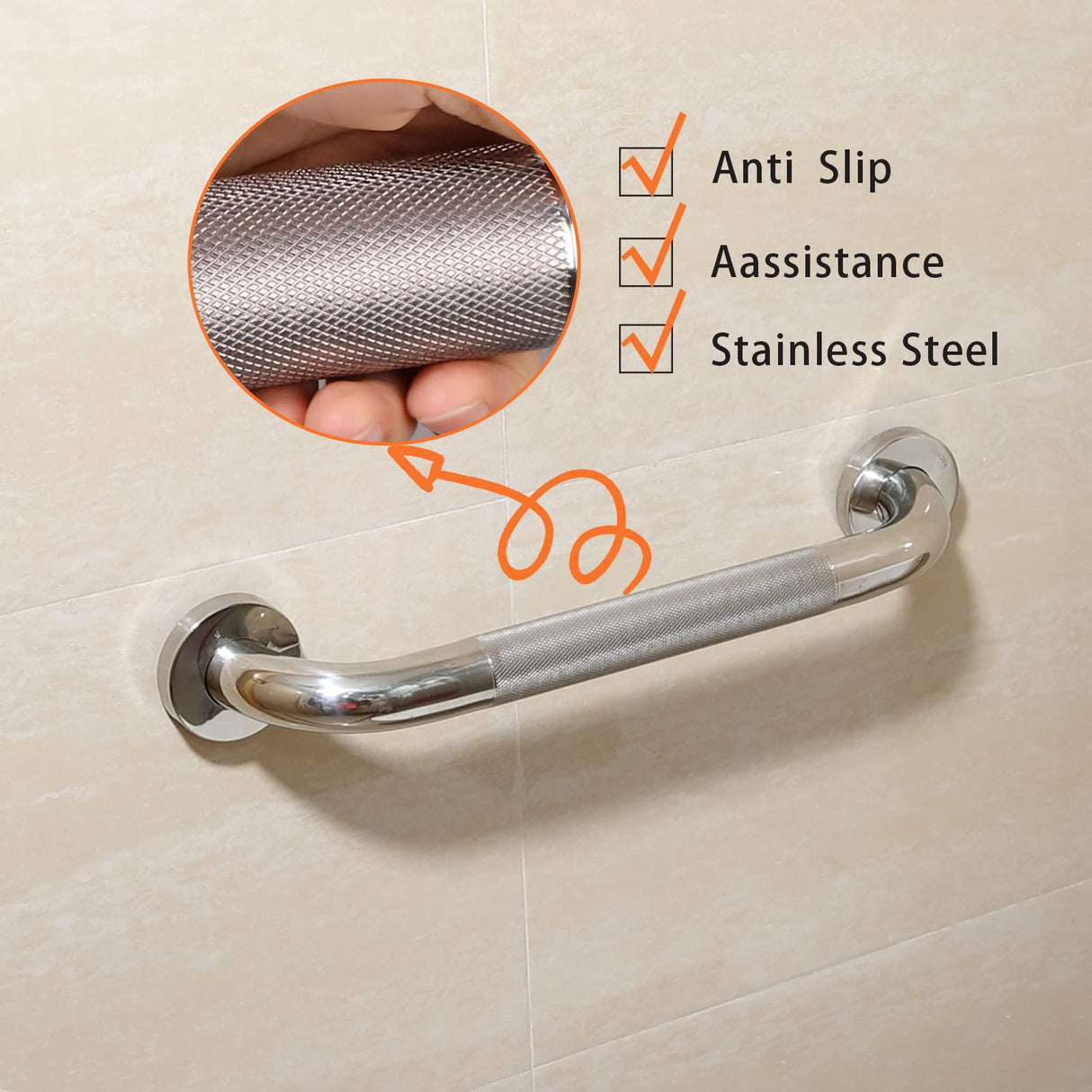 Rackickyer Shower Grab Bar, 2 Pack 12 Inch Bathroom Grab Bar, 1.25" Diameter 304 Stainless Steel Anti-Slip Grab Bars for Bathtubs and Showers, Handicap Shower Grab Bar for Seniors Elderly