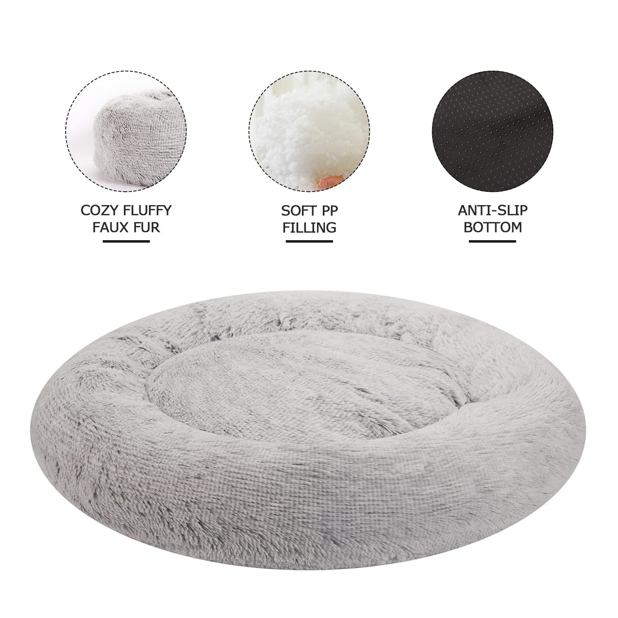 Bedfolks Calming Donut Dog Bed, 23 Inches Round Fluffy Dog Beds for Small Dogs, Machine Washable Anti-Anxiety Plush Puppy Bed（Light Grey, Small）