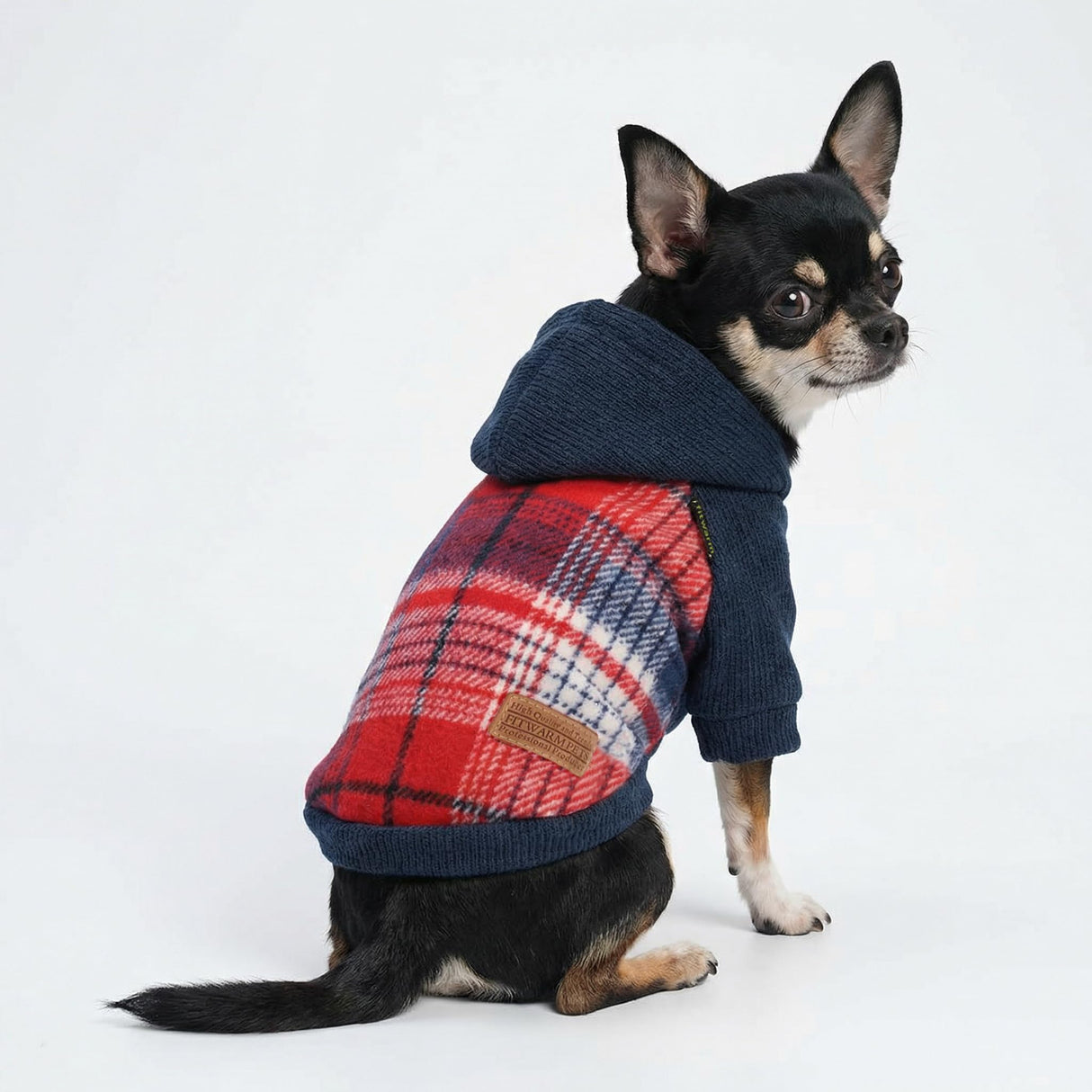 Fitwarm Tartan Plaid Dog Hoodie, Knitted Dog Clothes for Small Dogs Boy, Pet Sweater with Hood, Cat Fleece Lined Winter Outfit, Red, Navy Blue, XL