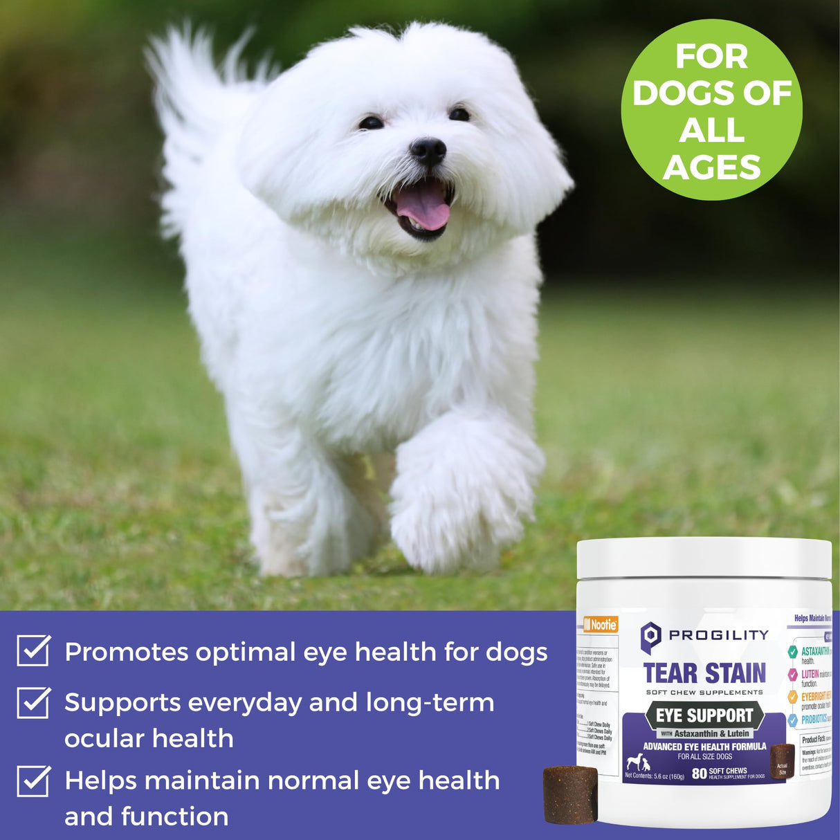 Progility Tear Stain Soft Chews for Dogs – Daily Eye Health Support That Helps Minimize Tear Stains, Advanced Eye Health Formula with Probiotics (80 Count)