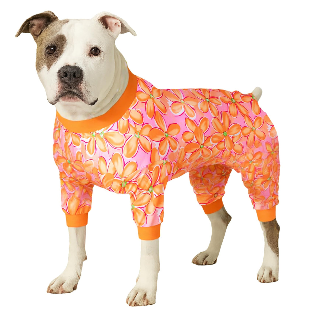 LovinPet Pj for Large Dog, Anti Licking Shirt, Wound Care Post Surgery Dogs Pajamas, Lightweight Stretchy Skin-Friendly Fabric, Orange Daisy Print, Large Dog Pjs, Use for Travel, Parties, Orange L