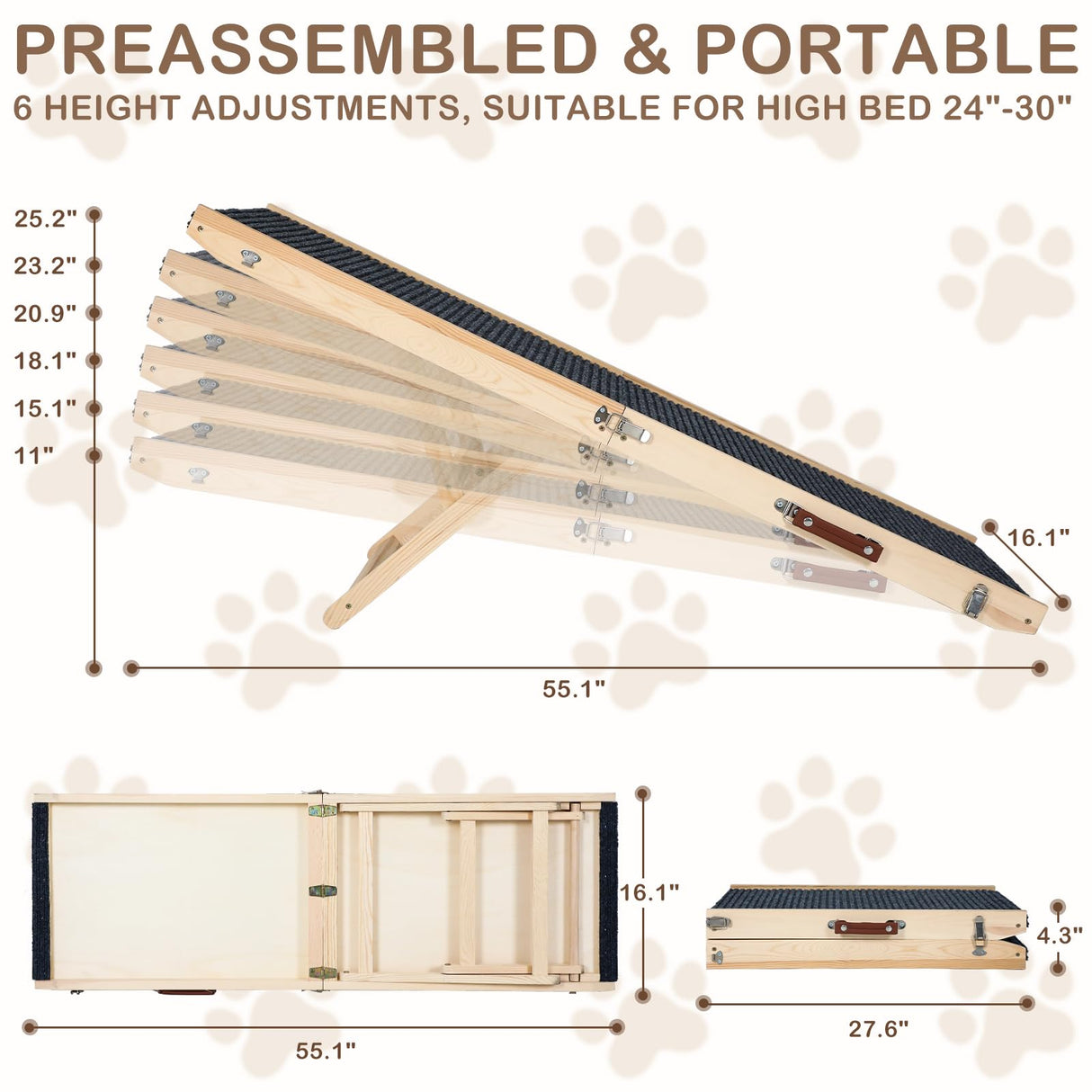 Folding Dog Ramp Safety, Wooden Adjustable Height Pet Ramps, Potable Dog Steps with Non-Slip Traction Mat, Dog Step for Bed, Dogs Stairs for SUV Car, Couch, Safe, Height Bed