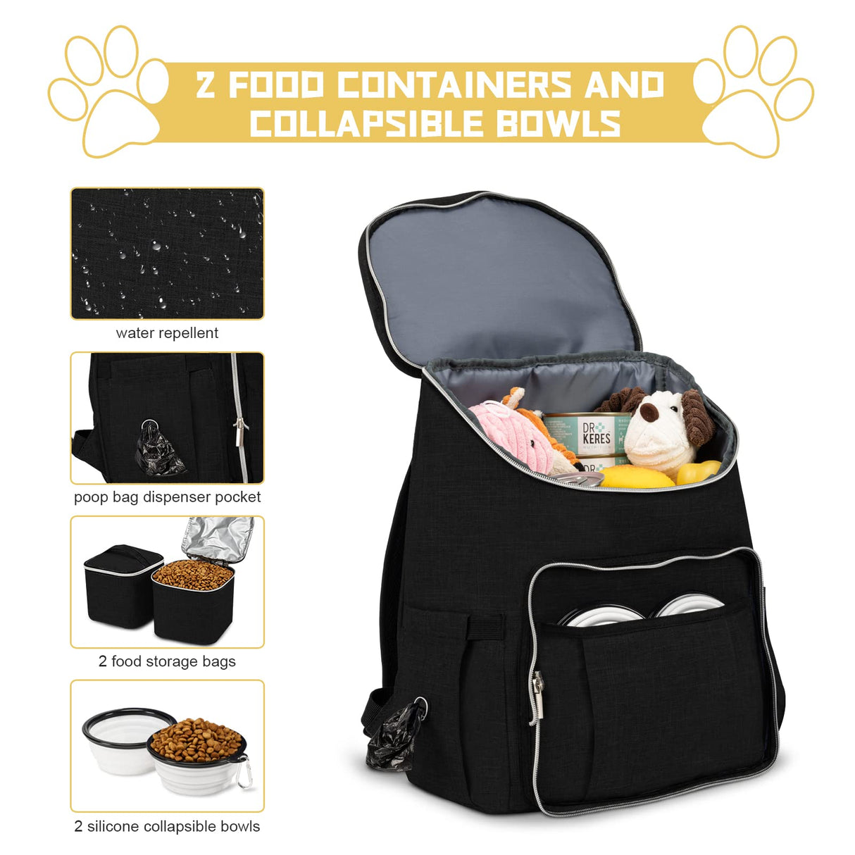 BAGLHER Travel Dog Backpack - Detachable Travel Dog Food Container for Pet Supplies Dog Gear Backpack,Dog Bag for Traveling with 2 Silicone Collapsible Bowls and 2 Food Baskets Black