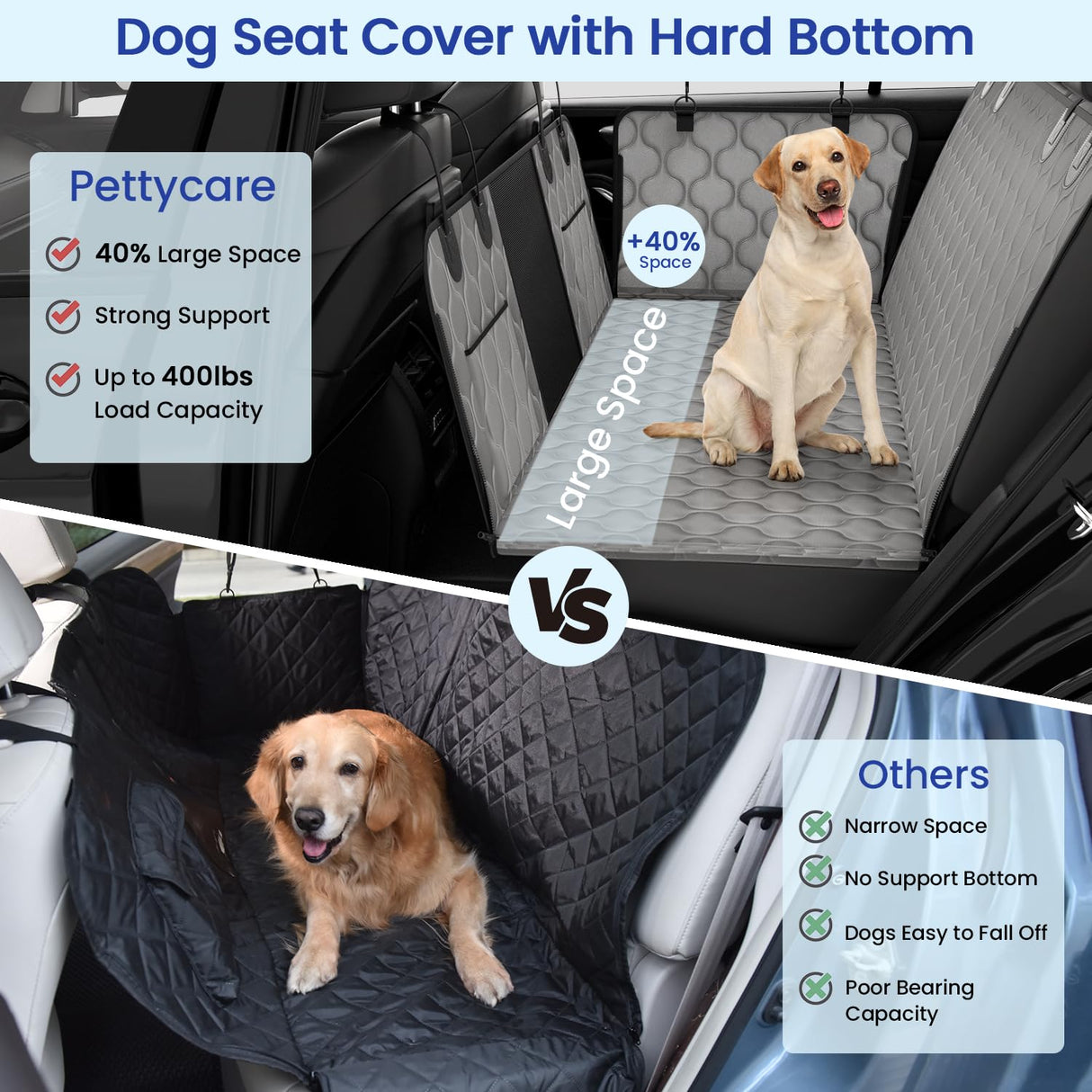 pettycare Dog Back Seat Cover Hard Bottom, Supports 400lbs, for Car with Mesh Window, Non-Slip SUV Truck, Grey
