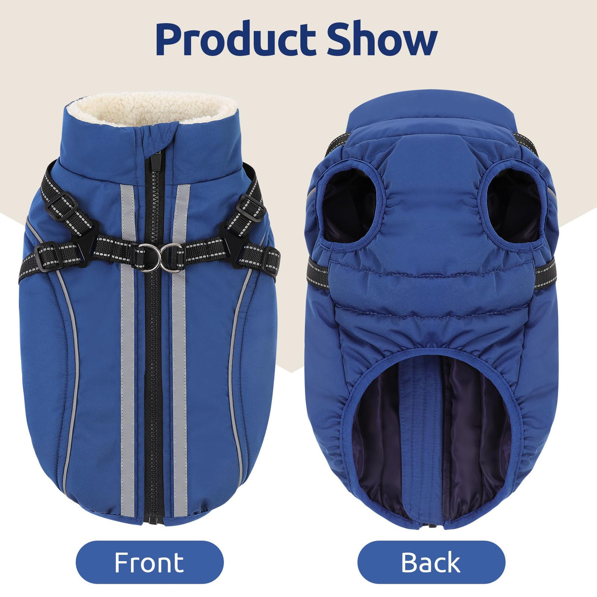 Dog Winter Coat with Harness Built in Warm Puffer Dog Jackets for Small Medium Large Dogs Windproof Waterproof Outfit with Plush Lining and Reflective Stripes (Blue, L)