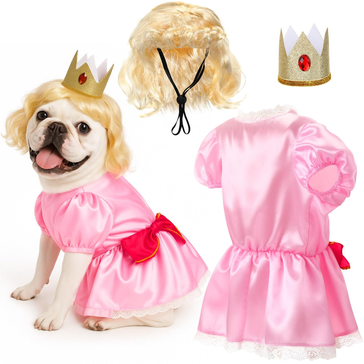 Huhumy 3 Pcs Halloween Princess Pet Costume Set, Pink Princess Pet Costume Including 1 Pink Dress, 1 Golden Wig, 1 Crown for Cosplay, Halloween Costumes, Small to Medium Body Types