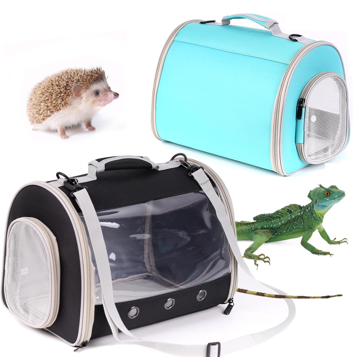 Bearded Dragon Travel Carrier Backpack,Lizard Backpack Carrier,Space Capsule Clear Bubble Window Astronaut Reptile Carrier Backpack for Guinea Pig,Sugar Glider,Bunny (Black, TPU Carrier+MAT)
