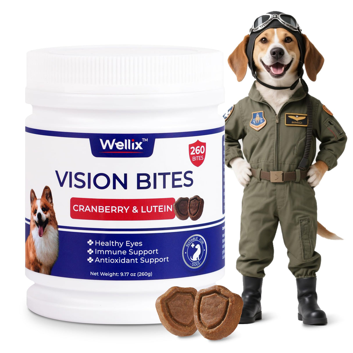 260 Bites Wellix Vision Chews - Dog Tear Stain Remover & Eye Supplement with Cranberry Extract, Lutein, Taurine, Marshmallow Root, Vitamin for Puppy, Small Medium & Large Dogs