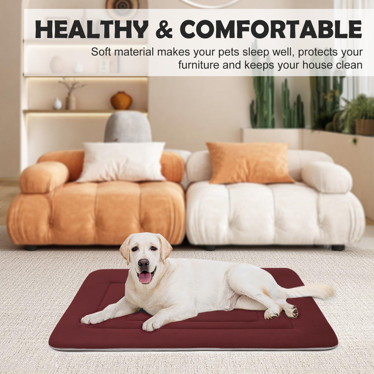 JoicyCo Dog Bed Soft Dog Crate Bed Pad Mat, 48 in Non Slip Bottom Washable Beds for Extra Large Dogs, Pet Bed Mattress Kennel Pad, Dark Red