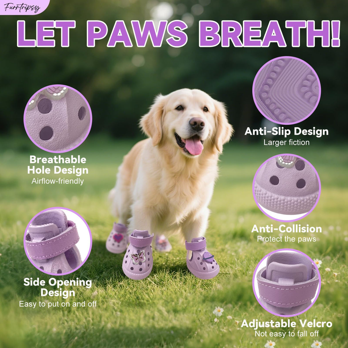 Dog Shoes,Non-Slip Waterproof Sandals for Hot Pavement, Breathable Perforated Boots,Adjustable Straps Dog Rain Booties for Summer Beach and Rainy Day(Purple,#4)