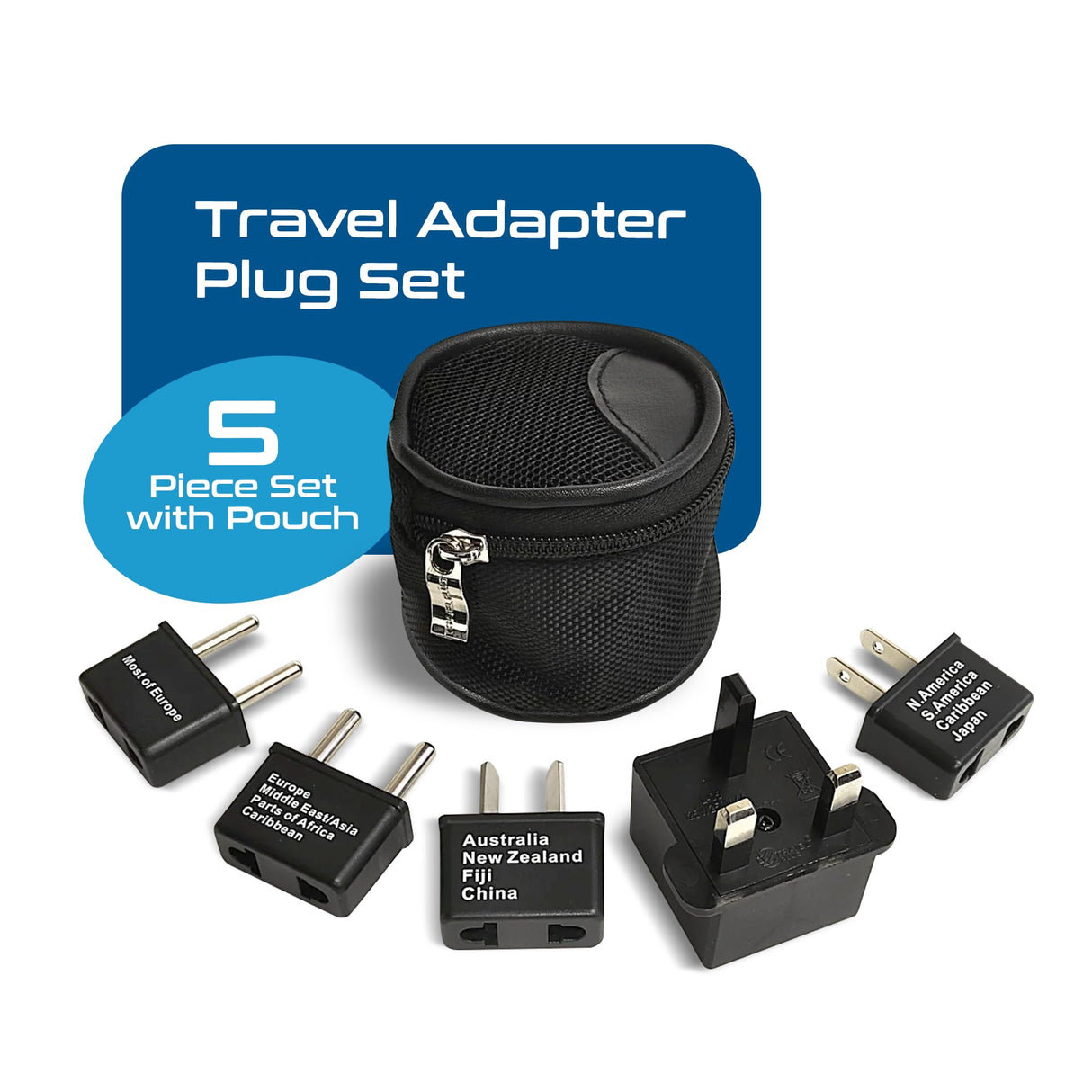 International Worldwide Travel Plug Adapter 5 Piece Set, Great for Cell Phones, Battery Chargers, Laptops to Work in Most Countries