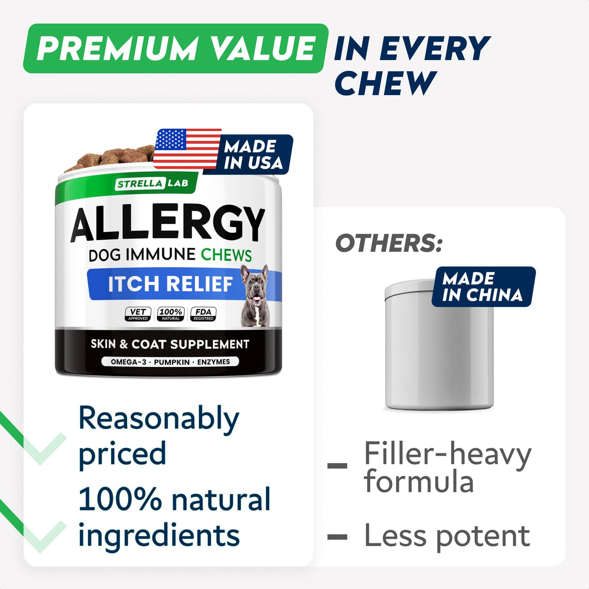 StrellaLab Dog Allergy Relief & Anti Itch Support Chews w/Omega 3: Real Ingredients, Real Taste! Skin & Coat Immune Supplement w/Fish Oil, Pumpkin & Enzymes — Developed by Experts - Made in USA -180Ct