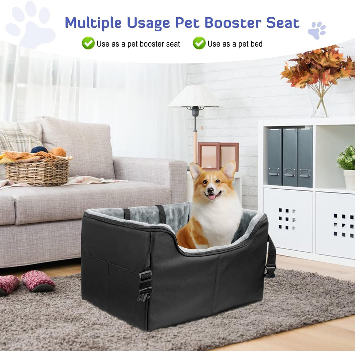 INFANZIA Dog Booster Car Seat for Small Medium Dogs, Elevated Pet Car Seats with Safety Leash for Pets Under 45Lbs, Washable Lookout Puppy Travel Seat with Storage Pockets (Medium, Black)