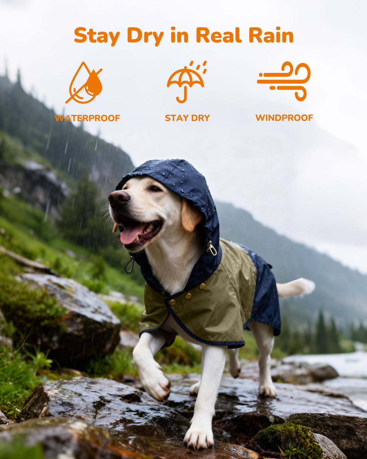 AOKOWN Waterproof Dog Raincoat with Hood, Extended Coverage Rain Jacket for Large Dogs, Wind-Resistant Secure Fit with Leg Straps, Reflective, Leash Hole, Easy Hook & Loop Fastener On/Off, Blue, XL