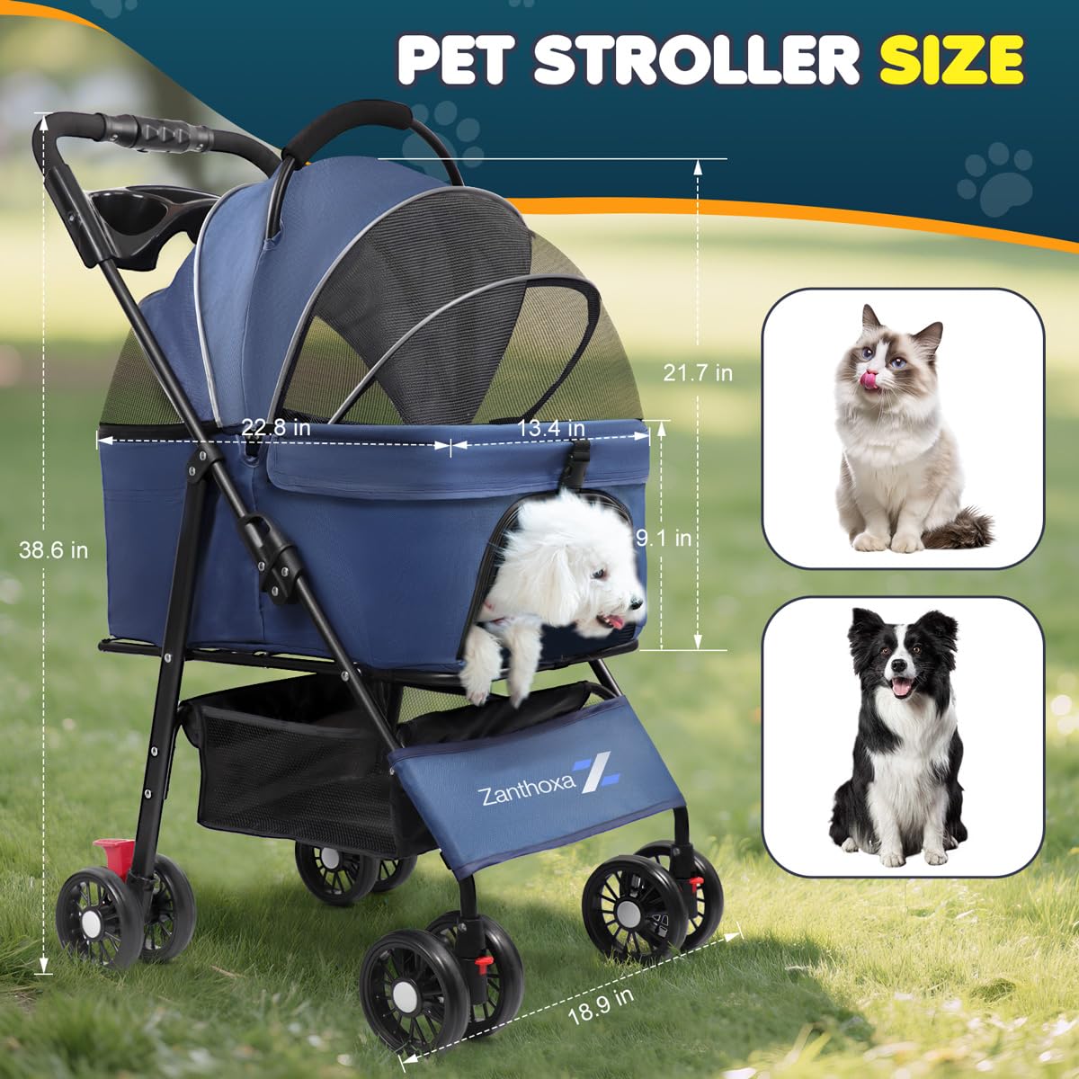 Dog Stroller, 4 Wheels Pet Stroller for Small & Medium Dogs, One-Click Foldable Cat Strollers Up to 45 Ibs with Storage Basket, Cup Holder and Breathable Mesh