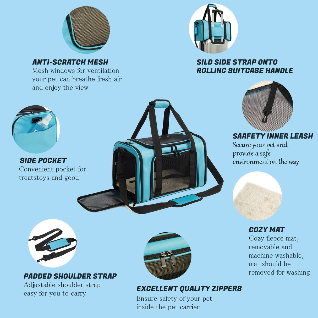 ROSEBB Cat Carrier Dog Carrier Pet Carrier Cat Bags for Small Medium Cats Dogs Puppies of 15 Lbs,of Airline Approved Small Dog Bag Soft Sided,Collapsible Travel Puppy Carrier (Medium, Blue)