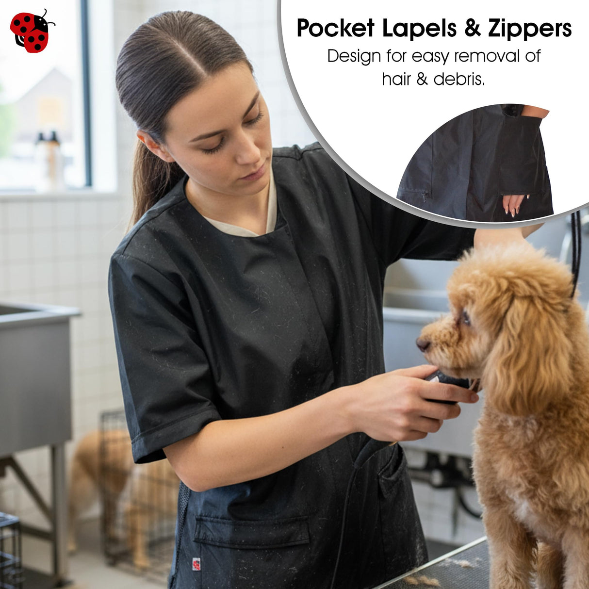 Ladybird Line 950 Classic Black Waterproof Styling Jacket, Hair and Bleach Resistant with Covered Zipper Panel, Mesh Back and Back Tie Belt, Ideal for Pet Groomers, Barbers, and Hair Stylists - 2XL