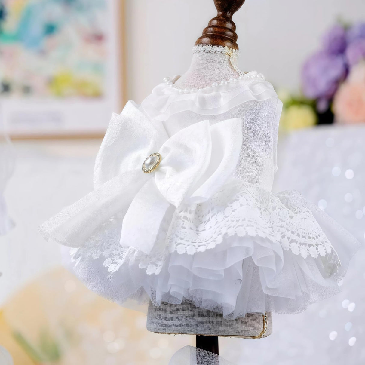 Luxury White Dog Wedding Dress with Pearl & Lace Tutu - Elegant Princess Outfit for Small Dogs/Cats, Ideal for Weddings, Birthdays, Photoshoots - S