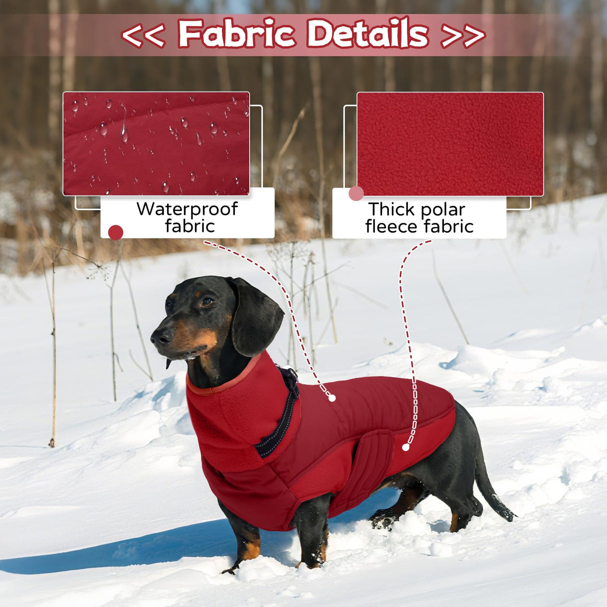 BRKURLEG Dog Winter Coat with Harness Built in, Warm Jacket for Small Medium and Large Dogs, Windproof Turtleneck Fleece Dogs Snowsuit with Hook & Loop, Reflective Christmas Dog Jacket, Red M