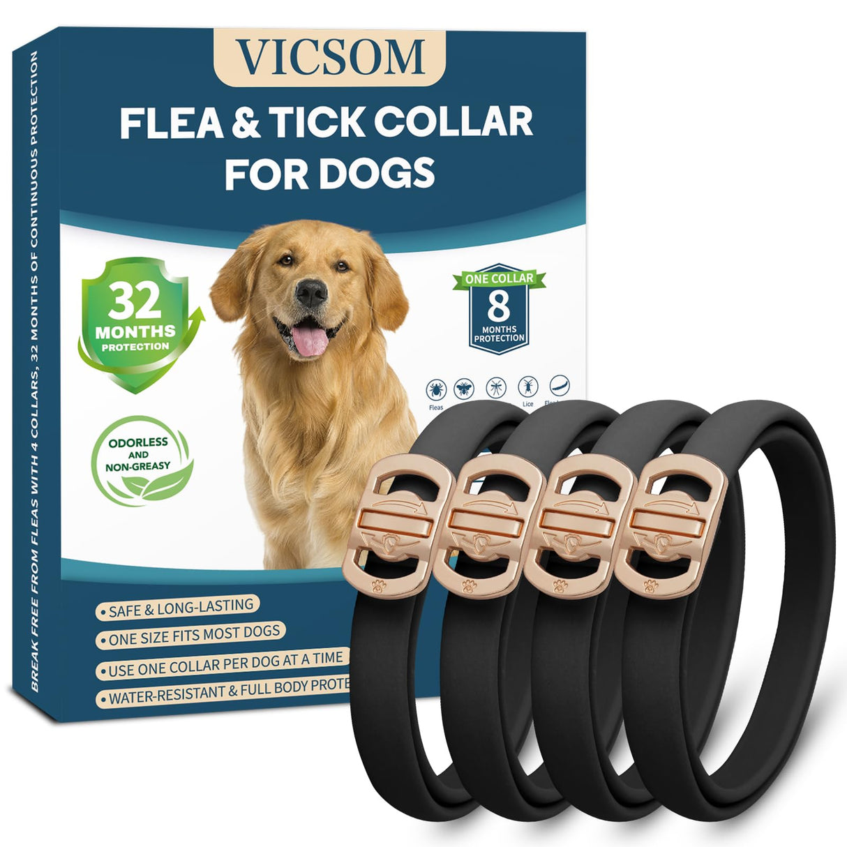 Flea and Tick Collar for Dogs 4 Pack, 32 Months Prevention, Waterproof, Adjustable for Small Medium Large Dogs Puppies (Black)